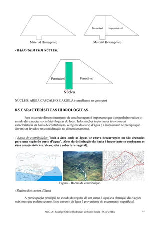 Prof. Dr. Rodrigo Otávio Rodrigues de Melo Souza - ICA/UFRA 83
Material Homogêneo Material Heterogêneo
ImpermeávelPermeável
Material Homogêneo Material Heterogêneo
ImpermeávelPermeável
- BARRAGEM COM NÚCLEO:
Núcleo
PermeávelPermeável
Núcleo
PermeávelPermeável
NÚCLEO: AREIA CASCALHO E ARGILA (semelhante ao concreto)
8.5 CARACTERÍSTICAS HIDROLÓGICAS
Para o correto dimensionamento de uma barragem é importante que o engenheiro realize o
estudo das características hidrológicas do local. Informações importantes tais como as
características da bacia de contribuição, o regime do curso d’água e a intensidade de precipitação
devem ser lavados em consideração no dimensionamento.
- Bacia de contribuição: Toda a área onde as águas de chuva descarregam ou são drenadas
para uma seção do curso d’água”. Além da delimitação da bacia é importante se conheçam as
suas características (relevo, solo e cobertura vegetal).
Figura – Bacias de contribuição
- Regime dos cursos d’água
A preocupação principal no estudo do regime de um curso d’água é a obtenção das vazões
máximas que podem ocorrer. Esse excesso de água é proveniente do escoamento superficial.
 