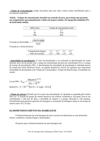 Prof. Dr. Rodrigo Otávio Rodrigues de Melo Souza - ICA/UFRA 85
- Tempo de Concentração: tempo necessário para que toda a bacia esteja contribuindo para o
escoamento superficial.
Tabela – Tempos de concentração, baseados na extensão da área, para bacias que possuam
um comprimento aproximadamente o dobro da largura média e de topografia ondulada (5%
de declividade média).
ÁREA (ha) Tempo de concentração (min)
1 2,7
50 19,0
500 96,0
Correção p/ declividade:
22,0
edeclividad
÷
Correção p/ a forma da bacia:
Comprimento/largura 1:1 2:1 3:1 4:1
Fator de correção 0,71 1,00 1,22 1,41
- Intensidade de precipitação: O valor da precipitação a ser utilizado na determinação da vazão
máxima, deve ser de acordo com o tempo de concentração da bacia de contribuição (Tc) e o tempo
de retorno da precipitação (TR). A determinação da intensidade de precipitação é realizada através
do estudo das séries históricas locais, ou quando disponível, através de equações que relacionam
intensidade de precipitação com Tempo de Concentração e Tempo de Retorno para a localidade em
estudo.
Lavras/MG -
( ) 66,0
219,0
max
7Tc
Tr.84,508
I
+
=
Belém/PA - ( )[ ]Tc.201log.31Tc.4,0TRP 122,0
++=
- Tempo de retorno: Período que leva para uma precipitação ser igualada ou superada pelo menos
uma vez. A fixação do tempo de retorno baseia-se em critérios econômicos. Em geral, leva-se em
consideração a vida útil da obra, a facilidade de reparos e o perigo oferecido à vida humana.
Normalmente para projetos agrícolas de drenagem e construção de barragens adota-se um tempo de
retorno entre 10 e 25 anos.
8.6 DIMENSIONAMENTO DA BARRAGEM
O dimensionamento de uma barragem de terra consiste em determinar as suas dimensões
(aterro, vertedouro, tomada d’água e desarenador).
Os passos para o dimensionamento de uma barragem são:
 