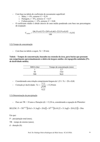 Prof. Dr. Rodrigo Otávio Rodrigues de Melo Souza - ICA/UFRA 94
- Com base na tabela do coeficiente de escoamento superficial:
o Mata, i = 8%, arenoso: C = 0,18
o Pastagem, i = 8%, arenoso: C = 0,37
o Cultura perene, i = 8%, arenoso: C = 0,46
- O coeficiente médio é obtido através de uma média ponderada com base nas porcentagens
de ocupação:
( ) ( ) ( ) 352,0
100
18,0x%5,2346,0x%3037,0x%5,46
Cmédiol =
++
=
5.2) Tempo de concentração
- Com base na tabela a seguir, Tc = 20 min
Tabela – Tempos de concentração, baseados na extensão da área, para bacias que possuam
um comprimento aproximadamente o dobro da largura média e de topografia ondulada (5%
de declividade média).
ÁREA (ha) Tempo de concentração (min)
1 2,7
50 19,0
500 96,0
- Considerando uma relação comprimento/largura de 1,5/1: Tc = 20 x 0,86
- Correção p/ declividade: min38,13
22,0
08,0
2,17
Tc ==
5.3) Determinação da precipitação
- Para um TR = 10 anos e Duração (d) = 13,38 m, considerando a equação de Pfastetter:
BELÉM: ( )[ ] ( )[ ] m3022,0.201log.3122,0.4,010d.201log.31d.4,0TRP 122,0122,0
=++=++=
Em que:
P – precipitação total (mm);
TR – tempo de retorno (anos);
d – duração (h).
 