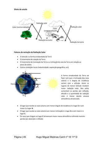 Página | 45 Hugo Miguel Medinas Carril nº 18 11º D
Efeito de estufa
Fatores de variação da Radiação Solar
 A latitude e a forma arredondada da Terra
 O movimento de rotação da Terra
 O movimento de translação da Terra e a inclinação do eixo da Terra em relação ao
plano de órbita
 Outras condições locais (nebulosidade; exposição geográfica; ect)
 O lugar que recebe os raios solares com menor ângulo de incidência é o lugar C e com
maior é o lugar A.
 O lugar que recebe os raios solares com menor inclinação é o lugar A e com maior é o
lugar C.
 Os raios que chegam ao lugar C atravessam maior massa atmosférica sofrendo maiores
perdas por absorção e reflexão
Radiação solar
Radiação solar
Radiação terrestre
Radiação terrestre
Calor (contrarradiação)
Calor
(contrarradiação)
PN
PS
c
b
a
Equa.
A
B
C A forma arredondada da Terra vai
fazer com que a inclinação dos raios
solares e o ângulo de incidência
variem com a altitude. Assim os
lugares de menor latitude recebem
maior radiação solar. Nos pólos
aumentam as perdas por reflexão,
difusão e a quantidade de radiação
solar é menor devido amassa
atmosférica atravessada.
 