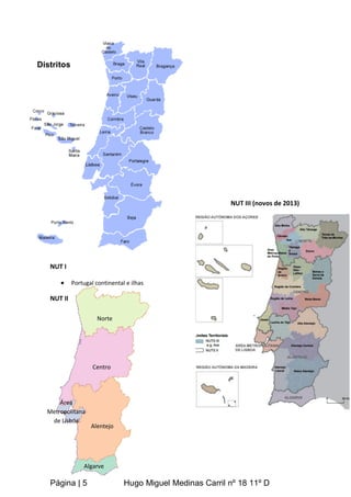 Página | 5 Hugo Miguel Medinas Carril nº 18 11º D
NUT III (novos de 2013)
NUT I
 Portugal continental e ilhas
NUT II
Norte
Algarve
Alentejo
Área
Metropolitana
de Lisboa
Centro
Distritos
 