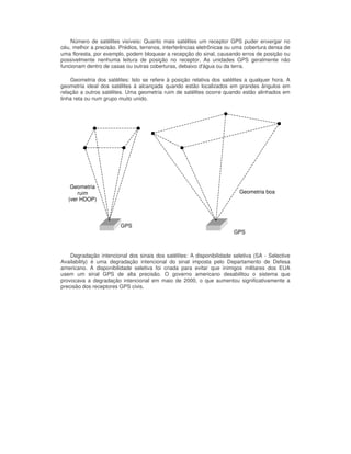 Número de satélites visíveis: Quanto mais satélites um receptor GPS puder enxergar no
céu, melhor a precisão. Prédios, terrenos, interferências eletrônicas ou uma cobertura densa de
uma floresta, por exemplo, podem bloquear a recepção do sinal, causando erros de posição ou
possivelmente nenhuma leitura de posição no receptor. As unidades GPS geralmente não
funcionam dentro de casas ou outras coberturas, debaixo d'água ou da terra.

    Geometria dos satélites: Isto se refere à posição relativa dos satélites a qualquer hora. A
geometria ideal dos satélites á alcançada quando estão localizados em grandes ângulos em
relação a outros satélites. Uma geometria ruim de satélites ocorre quando estão alinhados em
linha reta ou num grupo muito unido.




    Geometria
       ruim                                                               Geometria boa
   (ver HDOP)



                        GPS
                                                                       GPS



    Degradação intencional dos sinais dos satélites: A disponibilidade seletiva (SA - Selective
Availability) é uma degradação intencional do sinal imposta pelo Departamento de Defesa
americano. A disponibilidade seletiva foi criada para evitar que inimigos militares dos EUA
usem um sinal GPS de alta precisão. O governo americano desabilitou o sistema que
provocava a degradação intencional em maio de 2000, o que aumentou significativamente a
precisão dos receptores GPS civis.
 