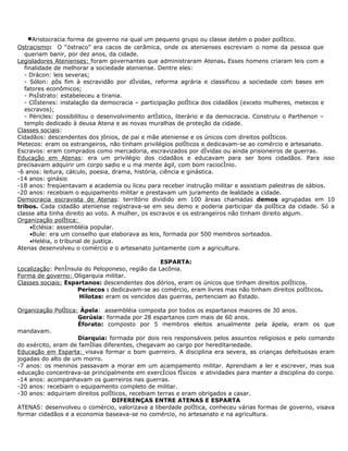 •   Aristocracia:forma de governo na qual um pequeno grupo ou classe detém o poder político.
Ostracismo: O “óstraco” era cacos de cerâmica, onde os atenienses escreviam o nome da pessoa que
   queriam banir, por dez anos, da cidade.
Legisladores Atenienses: foram governantes que administraram Atenas. Esses homens criaram leis com a
   finalidade de melhorar a sociedade ateniense. Dentre eles:
   - Drácon: leis severas;
   - Sólon: pôs fim à escravidão por dívidas, reforma agrária e classificou a sociedade com bases em
   fatores econômicos;
   - Pisístrato: estabeleceu a tirania.
   - Clístenes: instalação da democracia – participação política dos cidadãos (exceto mulheres, metecos e
   escravos);
   - Péricles: possibilitou o desenvolvimento artístico, literário e da democracia. Construiu o Parthenon –
   templo dedicado à deusa Atena e as novas muralhas de proteção da cidade.
Classes sociais:
Cidadãos: descendentes dos jônios, de pai e mãe ateniense e os únicos com direitos políticos.
Metecos: eram os estrangeiros, não tinham privilégios políticos e dedicavam-se ao comércio e artesanato.
Escravos: eram comprados como mercadoria, escravizados por dívidas ou ainda prisioneiros de guerras.
Educação em Atenas: era um privilégio dos cidadãos e educavam para ser bons cidadãos. Para isso
precisavam adquirir um corpo sadio e u ma mente ágil, com bom raciocínio.
-6 anos: leitura, cálculo, poesia, drama, história, ciência e ginástica.
-14 anos: ginásio
-18 anos: freqüentavam a academia ou liceu para receber instrução militar e assistiam palestras de sábios.
-20 anos: recebiam o equipamento militar e prestavam um juramento de lealdade a cidade.
Democracia escravista de Atenas: território dividido em 100 áreas chamadas demos agrupadas em 10
tribos. Cada cidadão ateniense registrava-se em seu demo e poderia participar da política da cidade. Só a
classe alta tinha direito ao voto. A mulher, os escravos e os estrangeiros não tinham direito algum.
Organização política:
      •Eclésia: assembléia popular.
      •Bule: era um conselho que elaborava as leis, formada por 500 membros sorteados.
      •Heléia, o tribunal de justiça.
Atenas desenvolveu o comércio e o artesanato juntamente com a agricultura.

                                                 ESPARTA:
Localização: Península do Peloponeso, região da Lacônia.
Forma de governo: Oligarquia militar.
Classes sociais: Espartanos: descendentes dos dórios, eram os únicos que tinham direitos políticos.
                     Periecos : dedicavam-se ao comércio, eram livres mas não tinham direitos políticos.
                     Hilotas: eram os vencidos das guerras, pertenciam ao Estado.

Organização Política: Ápela: assembléia composta por todos os espartanos maiores de 30 anos.
                     Gerúsia: formada por 28 espartanos com mais de 60 anos.
                     Éforato: composto por 5 membros eleitos anualmente pela ápela, eram os que
mandavam.
                     Diarquia: formada por dois reis responsáveis pelos assuntos religiosos e pelo comando
do exército, eram de famílias diferentes, chegavam ao cargo por hereditariedade.
Educação em Esparta: visava formar o bom guerreiro. A disciplina era severa, as crianças defeituosas eram
jogadas do alto de um morro.
-7 anos: os meninos passavam a morar em um acampamento militar. Aprendiam a ler e escrever, mas sua
educação concentrava-se principalmente em exercícios físicos e atividades para manter a disciplina do corpo.
-14 anos: acompanhavam os guerreiros nas guerras.
-20 anos: recebiam o equipamento completo de militar.
-30 anos: adquiriam direitos políticos, recebiam terras e eram obrigados a casar.
                                 DIFERENÇAS ENTRE ATENAS E ESPARTA
ATENAS: desenvolveu o comércio, valorizava a liberdade política, conheceu várias formas de governo, visava
formar cidadãos e a economia baseava-se no comércio, no artesanato e na agricultura.
 