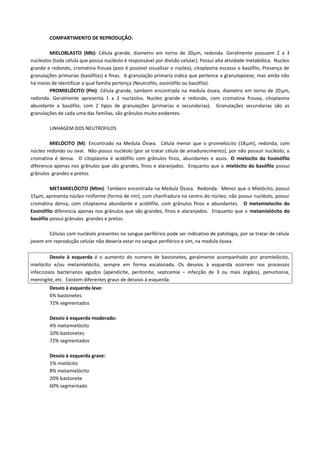 COMPARTIMENTO DE REPRODUÇÃO:

        MIELOBLASTO (Mb): Célula grande, diametro em torno de 20µm, redonda. Geralmente possuem 2 a 3
nucleolos (toda célula que possui nucléolo é responsável por divisão celular). Possui alta atividade metabólica. Nucleo
grande e redondo, cromatina frouxa (pois é possível visualizar o núcleo), citoplasma escasso e basófilo, Presença de
granulações primarias (basófilas) e finas. A granulação primaria indica que pertence a granulopoese, mas ainda não
há meios de identificar a qual família pertença (Neutrofilo, eosinófilo ou basófilo).
        PROMIELÓCITO (Pm): Célula grande, tambem encontrada na medula óssea, diametro em torno de 20µm,
redonda. Geralmente apresenta 1 a 2 nucleolos. Nucleo grande e redondo, com cromatina frouxa, citoplasma
abundante e basófilo, com 2 tipos de granulações (primarias e secundarias). Granulações secundarias são as
granulações de cada uma das famílias, são grânulos muito evidentes.

        LINHAGEM DOS NEUTROFILOS

         MIELÓCITO (M): Encontrado na Medula Óssea. Célula menor que o promielocito (18µm), redonda, com
núcleo redondo ou oval. Não possui nucléolo (por se tratar célula de amadurecimento), por não possuir nucléolo, a
cromatina é densa. O citoplasma é acidófilo com grânulos finos, abundantes e azuis. O mielocito do Eosinófilo
diferencia apenas nos grânulos que são grandes, finos e alaranjados. Enquanto que o mielócito do basófilo possui
grânulos grandes e pretos.

         METAMIELÓCITO (Mtm): Tambem encontrada na Medula Óssea. Redonda. Menor que o Mielócito, possui
15µm, apresenta núcleo riniforme (forma de rim), com chanfradura no centro do núcleo, não possui nucléolo, possui
cromatina densa, com citoplasma abundante e acidófilo, com grânulos finos e abundantes. O metamielocito do
Eosinófilo diferencia apenas nos grânulos que são grandes, finos e alaranjados. Enquanto que o metamielócito do
basófilo possui grânulos grandes e pretos.

       Células com nucléolo presentes no sangue periférico pode ser indicativo de patologia, por se tratar de célula
jovem em reprodução celular não deveria estar no sangue periférico e sim, na medula óssea.

         Desvio à esquerda é o aumento do numero de bastonetes, geralmente acompanhado por promielócito,
mielócito e/ou metamielócito, sempre em forma escalonada. Os desvios à esquerda ocorrem nos processos
infecciosos bacterianos agudos (apendicite, peritonite, septcemia – infecção de 3 ou mais órgãos), penumonia,
meningite, etc. Existem diferentes graus de desvios à esquerda:
        Desvio à esquerda leve:
        6% bastonetes
        72% segmentados

        Desvio à esquerda moderado:
        4% metamielócito
        10% bastonetes
        72% segmentados

        Desvio à esquerda grave:
        1% mielócito
        8% metamielócito
        20% bastonete
        60% segmentado
 