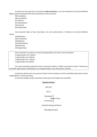 A ausência de fase maturativa é chamada de Hiato Leucemico, e é um dos indicativos de Leucemia Mieloide
Aguda, quando compreende falta de escalonamento e hiato leucemico
        50% mieloblasto
        10% promielócito
        0% mielocito
        0% metamielocito
        5% bastonete
        20% segmentado

          Caso apresente todas as fases maturativas, mas sem escalonamento, é indicativo de Leucemia Mieloide
crônica
          5% Mieloblasto
          20% Promielócito
          10% Mielócito
          15% Metamielócito
          20% Bastonete
          25% Segmentado

          Desvio à Direita é o aumento no numero de segmentados com maior numero de lóbulos:
          10 segmentados com 5 lóbulos
          3 segmentados com 6 lóbulos
          2 segmentados com 7 lóbulos
          1 segmentado com 8 lóbulos

         Caso seja encontrados segmentos acima é necessário notificar o médico escrevendo no laudo: “Presença de
neutrófilos segmentados multilobulados ou multisegmentados (o que indica desvio a direita).

       Os desvios à direita ocorre nos processo crônicos como reumatismo, artrite reumatoide, tuberculose, anemia
megaloblástica e anemia perniciosa.
       Os processos alérgicos podem apresentar células jovens da linhagem dos eosinófilos.

                                                MONOCITOPOESE

                                                    Stem Cell

                                                     UFC-m

                                                  Monoblasto
                                                         Medula Óssea
                                                  Promonócito

                                               Monócito (Sangue periférico)

                                                  Macrófago (tecidos)
 