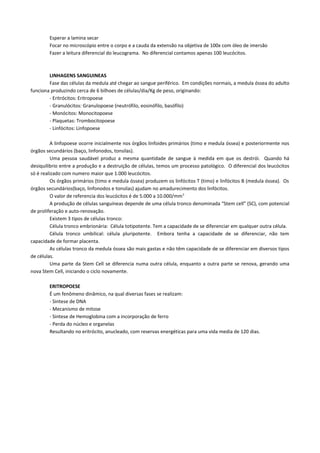 Esperar a lamina secar
        Focar no microscópio entre o corpo e a cauda da extensão na objetiva de 100x com óleo de imersão
        Fazer a leitura diferencial do leucograma. No diferencial contamos apenas 100 leucócitos.



        LINHAGENS SANGUINEAS
        Fase das células da medula até chegar ao sangue periférico. Em condições normais, a medula óssea do adulto
funciona produzindo cerca de 6 bilhoes de células/dia/Kg de peso, originando:
        - Eritrócitos: Eritropoese
        - Granulócitos: Granulopoese (neutrófilo, eosinófilo, basófilo)
        - Monócitos: Monocitopoese
        - Plaquetas: Trombocitopoese
        - Linfócitos: Linfopoese

          A linfopoese ocorre inicialmente nos órgãos linfoides primários (timo e medula óssea) e posteriormente nos
órgãos secundários (baço, linfonodos, tonsilas).
          Uma pessoa saudável produz a mesma quantidade de sangue à medida em que os destrói. Quando há
desiquilibrio entre a produção e a destruição de células, temos um processo patológico. O diferencial dos leucócitos
só é realizado com numero maior que 1.000 leucócitos.
          Os órgãos primários (timo e medula óssea) produzem os linfócitos T (timo) e linfócitos B (medula óssea). Os
órgãos secundários(baço, linfonodos e tonsilas) ajudam no amadurecimento dos linfócitos.
          O valor de referencia dos leucócitos é de 5.000 a 10.000/mm 3
          A produção de células sanguíneas depende de uma célula tronco denominada “Stem cell” (SC), com potencial
de proliferação e auto-renovação.
          Existem 3 tipos de células tronco:
          Célula tronco embrionária: Célula totipotente. Tem a capacidade de se diferenciar em qualquer outra célula.
          Célula tronco umbilical: célula pluripotente. Embora tenha a capacidade de se diferenciar, não tem
capacidade de formar placenta.
          As células tronco da medula óssea são mais gastas e não têm capacidade de se diferenciar em diversos tipos
de células.
          Uma parte da Stem Cell se diferencia numa outra célula, enquanto a outra parte se renova, gerando uma
nova Stem Cell, iniciando o ciclo novamente.

        ERITROPOESE
        É um fenômeno dinâmico, na qual diversas fases se realizam:
        - Sintese de DNA
        - Mecanismo de mitose
        - Sintese de Hemoglobina com a incorporação de ferro
        - Perda do núcleo e organelas
        Resultando no eritrócito, anucleado, com reservas energéticas para uma vida media de 120 dias.
 