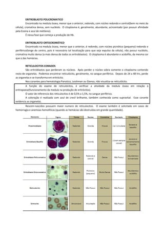 ERITROBLASTO POLICROMATICO
          Encontrado na medula óssea, menor que o anterior, redondo, com núcleo redondo e central(bem no meio da
célula), cromatina densa, sem nucléolo. O citoplasma é, geralmente, abundante, acinzentado (por possuir afinidade
pela Eosina e azul de metileno).
          É nessa fase que começa a produção de Hb.

         ERITROBLASTO ORTOCROMÁTICO
         Encontrado na medula óssea, menor que o anterior, é redondo, com núcleo picnótico (pequeno) redondo e
periférico(longe do centro, pois é necessário tal localização para que seja expulso da célula), não possui nucléolo,
cromatina muito densa (a mais densa de todos os eritroblastos). O citoplasma é abundante e acidofilo, da mesma cor
que o das hemácias.

         RETICULOCITOS CORADOS
         São eritroblastos que perderam os núcleos. Após perder o núcleo sobra somente o citoplasma contendo
resto de organelas. Podemos encontrar reticulócito, geralmente, no sangue periférico. Depois de 24 a 48 hrs, perde
as organelas e se transforma em eritrócito.
         Nos corantes para hematologia Panotico, Leishman ou Gienso, não visualiza-se reticulócito.
        A função do exame de reticulócitos, é verificar a atividade da medula óssea em relação à
eritropoese(funcionamento da medula na produção de eritrócitos).
        O valor de referencia dos reticulocitos é de 0,5% a 1,5%, no sangue periférico.
        A coloração é realizada com azul de cresil brilhante, também conhecida como supravital. Esse corante
evidencia as organelas.
       Rescem-nascidos possuem maior numero de reticulocitos. O exame também é solicitado em casos de
hemorragia e anemoas hemolíticas (quando as hemácias são destruídas em grande quantidade).
 