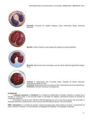 Arlindo Ugulino Netto; Luiz Gustavo Barros; Yuri Leite Eloy – HEMATOLOGIA – MEDICINA P8 – 2011.1
108
Eosinófilo. Envolvido em reações alérgicas; Libera histaminase; Digere elementos
estranhos.
Basófilo. Contém histamina; parte integral das reações de hipersensibilidade.
Monócito. Diferenciam-se em macrófagos, que são células altamente fagocitárias (fungos,
vírus).
Linfócito T. Responsável pela imunidade celular; Rejeição de tecidos estranhos;
Destruição de células tumorais.
Linfócito B. Responsável pela imunidade humoral; muitas diferenciam-se em plasmócitos.
Plasmócito. Secretam anticorpos (imunoglobinas).
PLAQUETAS
A plaqueta sanguínea ou trombócito é um fragmento citoplasmatico anucleado, presente no sangue que é
formado na medula óssea. A sua principal função é a formação de coágulos, participando portanto do processo de
coagulação sanguínea.
Uma pessoa normal tem entre 150.000 e 400.000 plaquetas por mm³ (ou por ml) de sangue. Sua diminuição ou
disfunção pode levar a sangramentos, assim como seu aumento pode aumentar o risco de trombose.
OBS
7
: Hemostasia: É o processo de prevenir a perda de sangue pelos vasos intactos e de parar o sangramento de
vasos rompidos. Processos: (1) Vasoconstrição; (2) Agregação de plaquetas; (3) Coagulação sanguínea.
 