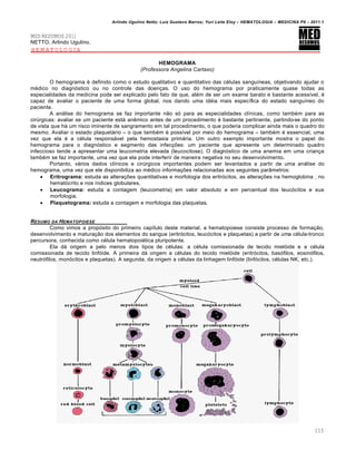 Arlindo Ugulino Netto; Luiz Gustavo Barros; Yuri Leite Eloy – HEMATOLOGIA – MEDICINA P8 – 2011.1
115
MED RESUMOS 2011
NETTO, Arlindo Ugulino.
HEMATOLOGIA
HEMOGRAMA
(Professora Angelina Cartaxo)
O hemograma ƒ definido como o estudo qualitativo e quantitativo das cƒlulas sangu†neas, objetivando ajudar o
mƒdico no diagn€stico ou no controle das doen•as. O uso do hemograma por praticamente quase todas as
especialidades da medicina pode ser explicado pelo fato de que, alƒm de ser um exame barato e bastante acess†vel, ƒ
capaz de avaliar o paciente de uma forma global, nos dando uma idƒia mais espec†fica do estado sangu†neo do
paciente.
A an„lise do hemograma se faz importante n‚o s€ para as especialidades cl†nicas, como tambƒm para as
cirˆrgicas: avaliar se um paciente est„ anŽmico antes de um procedimento ƒ bastante pertinente, partindo-se do ponto
de vista que h„ um risco iminente de sangramento em tal procedimento, o que poderia complicar ainda mais o quadro do
mesmo. Avaliar o estado plaquet„rio – o que tambƒm ƒ poss†vel por meio do hemograma – tambƒm ƒ essencial, uma
vez que ela ƒ a cƒlula respons„vel pela hemostasia prim„ria. Um outro exemplo importante mostra o papel do
hemograma para o diagn€stico e segmento das infec•…es: um paciente que apresente um determinado quadro
infeccioso tende a apresentar uma leucometria elevada (leucocitose). O diagn€stico de uma anemia em uma crian•a
tambƒm se faz importante, uma vez que ela pode interferir de maneira negativa no seu desenvolvimento.
Portanto, v„rios dados cl†nicos e cirˆrgicos importantes podem ser levantados a partir de uma an„lise do
hemograma, uma vez que ele disponibiliza ao mƒdico informa•…es relacionadas aos seguintes par‹metros:
 Eritrograma: estuda as altera•…es quantitativas e morfologia dos eritr€citos, as altera•…es na hemoglobina , no
hemat€crito e nos †ndices globulares.
 Leucograma: estuda a contagem (leucometria) em valor absoluto e em percentual dos leuc€citos e sua
morfologia.
 Plaquetograma: estuda a contagem e morfologia das plaquetas.
RESUMO DA HEMATOPOIESE
Como vimos a prop€sito do primeiro cap†tulo deste material, a hematopoiese consiste processo de forma•‚o,
desenvolvimento e matura•‚o dos elementos do sangue (eritr€citos, leuc€citos e plaquetas) a partir de uma cƒlula-tronco
percursora, conhecida como cƒlula hematopoiƒtica pluripotente.
Ela d„ origem a pelo menos dois tipos de cƒlulas: a cƒlula comissionada de tecido miel€ide e a cƒlula
comissionada de tecido linf€ide. A primeira d„ origem a cƒlulas do tecido miel€ide (eritr€citos, bas€filos, eosin€filos,
neutr€filos, mon€citos e plaquetas). A segunda, da origem a cƒlulas da linhagem linf€ide (linf€citos, cƒlulas NK, etc.).
 