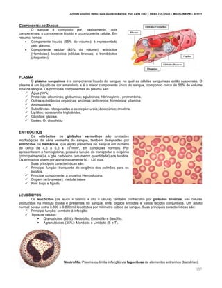 Arlindo Ugulino Netto; Luiz Gustavo Barros; Yuri Leite Eloy – HEMATOLOGIA – MEDICINA P8 – 2011.1
107
COMPONENTES DO SANGUE
O sangue é composto por, basicamente, dois
componentes: o componente líquido e o componente celular. Em
resumo, temos:
 Componente líquido (55% do volume): é representado
pelo plasma.
 Componente celular (45% do volume): eritrócitos
(Hemácias), leucócitos (células brancas) e trombócitos
(plaquetas).
PLASMA
O plasma sanguíneo é o componente líquido do sangue, no qual as células sanguíneas estão suspensas. O
plasma é um líquido de cor amarelada e é o maior componente único do sangue, compondo cerca de 55% do volume
total de sangue. Os principais componentes do plasma são:
 Água (90%)
 Proteínas: albuminas; globumina; aglutininas; fribrinogênio / protrombina.
 Outras substâncias orgânicas: enzimas; anticorpos; hormônios; vitamina;.
 Aminoácidos
 Substâncias nitrogenadas e excreção: uréia; ácido úrico; creatina.
 Lipídios: colesterol e triglicérides.
 Glicídios: glicose.
 Gases: O2 dissolvido
ERITRÓCITOS
Os eritrócitos ou glóbulos vermelhos são unidades
morfológicas da série vermelha do sangue, também designadas por
eritrócitos ou hemácias, que estão presentes no sangue em número
de cerca de 4,5 a 6,5 x 10
6
/mm³, em condições normais. Por
apresentarem a hemoglobina, possui a função de transportar o oxigênio
(principalmente) e o gás carbônico (em menor quantidade) aos tecidos.
Os eritrócitos vivem por aproximadamente 90 - 120 dias.
Suas principais características são:
 Principal função: transporte de oxigênio dos pulmões para os
tecidos.
 Principal componente: a proteína Hemoglobina.
 Origem (eritropoese): medula óssea
 Fim: baço e fígado.
LEUCÓCITOS
Os leucócitos (de leuco = branco + cito = célula), também conhecidos por glóbulos brancos, são células
produzidas na medula óssea e presentes no sangue, linfa, órgãos linfóides e vários tecidos conjuntivos. Um adulto
normal possui entre 3.800 e 9.800 mil leucócitos por milímetro cúbico de sangue. Suas principais características são:
 Principal função: combate à infecção.
 Tipos de células:
 Granulócitos (65%): Neutrófilo, Eosinófilo e Basófilo.
 Agranulócitos (35%): Monócito e Linfócito (B e T).
Neutrófilo. Previne ou limita infecção via fagocitose de elementos estranhos (bactérias).
 