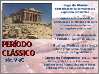 • auge de Atenas:
                     consolidação da democracia e
                         expansão econômica

                      • democracia escravista:
                    participação direta dos cidadãos
                        e exclusão de mulheres,
                         estrangeiros e escravos

                    • Clístenes: pai da democracia
                     • Péricles: apogeu de Atenas

PERÍODO           • Guerras Médicas (494-479 aC):
                    vitória grega sobre os persas e
CLÁSSICO               formação da Liga de Delos
            • Guerra do Peloponeso (431-407 aC):
séc. V aC       formação da Liga do Peloponeso,
             conflitos entre Atenas, Esparta e Tebas,
              enfraquecimento das cidades gregas
 