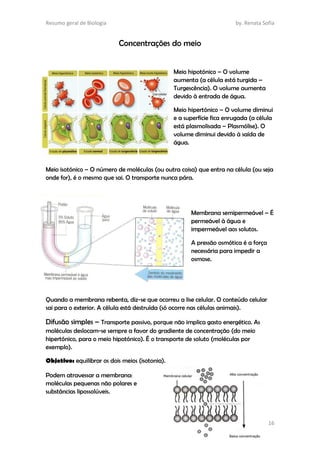 Resumo geral de Biologia by. Renata Sofia
16
Concentrações do meio
Meio hipotónico – O volume
aumenta (a célula está turgida –
Turgescência). O volume aumenta
devido à entrada de água.
Meio hipertónico – O volume diminui
e a superfície fica enrugada (a célula
está plasmolisada – Plasmólise). O
volume diminui devido à saída de
água.
Meio isotónico – O número de moléculas (ou outra coisa) que entra na célula (ou seja
onde for), é o mesmo que sai. O transporte nunca pára.
Membrana semipermeável – É
permeável à água e
impermeável aos solutos.
A pressão osmótica é a força
necessária para impedir a
osmose.
Quando a membrana rebenta, diz-se que ocorreu a lise celular. O conteúdo celular
sai para o exterior. A célula está destruída (só ocorre nas células animais).
Difusão simples – Transporte passivo, porque não implica gasto energético. As
moléculas deslocam-se sempre a favor do gradiente de concentração (do meio
hipertónico, para o meio hipotónico). É o transporte de soluto (moléculas por
exemplo).
Objetivo: equilibrar os dois meios (isotonia).
Podem atravessar a membrana:
moléculas pequenas não polares e
substâncias lipossolúveis.
 