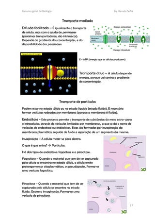 Resumo geral de Biologia by. Renata Sofia
17
Transporte mediado
Difusão facilitada – É igualmente o transporte
de soluto, mas com a ajuda de permeases
(proteínas transportadoras, são intrínsecas).
Depende do gradiente das concentrações, e da
disponibilidade das permeases.
E = ATP (energia que as células produzem)
Transporte ativo – A célula despende
energia, porque vai contra o gradiente
de concentração.
Transporte de partículas
Podem estar no estado sólido ou no estado líquido (estado fluído). É necessário
formar vesículas rodeadas por membrana (porque a membrana é fluída).
Endocitose - Este processo permite o transporte de substâncias do meio extra- para
o intracelular, através de vesículas limitadas por membranas, a que se dá o nome de
vesículas de endocitose ou endocíticas. Estas são formadas por invaginação da
membrana plasmática, seguida de fusão e separação de um segmento da mesma.
Invaginação – A célula meter-se para dentro.
O que é que entra?  Partículas.
Há dois tipos de endocitose: fagocitose e a pinocitose.
Fagocitose – Quando o material que tem de ser capturado
pela célula se encontra no estado sólido, a célula emite
prolongamentos citoplasmáticos, os pseudópodes. Forma-se
uma vesícula fagocítica.
Pinocitose – Quando o material que tem de ser
capturado pela célula se encontra no estado
fluído. Ocorre a invaginação. Forma-se uma
vesícula de pinocitose.
 