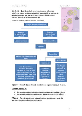 Resumo geral de Biologia by. Renata Sofia
18
Exocitose – Quando a célula tem necessidade de se livrar de
substâncias tóxicas (resíduos metabólicos prejudiciais), ou resíduos da
actividade celular, que vão ser utilizadas fora da célula, ou vai
expulsar resíduos da digestão intracelular.
As vesículas exocíticas, podem ser lisossomas (secundários).
Ingestão – Introdução de alimento no interior do organismo através da boca.
Sistemas digestivos
 Um sistema digestivo incompleto possui apenas uma cavidade: - Boca;
 Um sistema digestivo completo possui duas cavidades: - Boca e Ânus.
Tiflosole – Permite aumentar a área do intestino favorecendo a absorção,
aumentando assim a absorção de nutrientes.
 