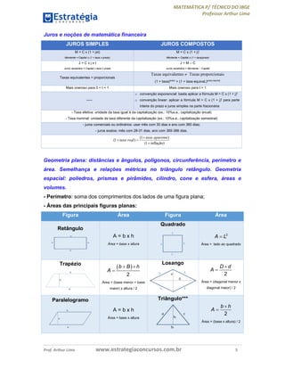 MATEMÁTICA P/ TÉCNICO DO IBGE
Professor Arthur Lima
Prof. Arthur Lima www.estrategiaconcursos.com.br 5
Juros e noções de matemática financeira
JUROS SIMPLES JUROS COMPOSTOS
M = C x (1 + jxt)
Montante = Capital x (1 + taxa x prazo)
M = C x (1 + j)t
Montante = Capital x (1 + taxa)prazo
J = C x j x t
Juros recebidos = Capital x taxa x prazo
J = M – C
Juros recebidos = Montante – Capital
Taxas equivalentes = proporcionais
Taxas equivalentes Taxas proporcionais
(1 + taxa)prazo
= (1 + taxa equival.)prazo equival.
Mais oneroso para 0 < t < 1 Mais oneroso para t > 1
-----
o convenção exponencial: basta aplicar a fórmula M = C x (1 + j)t
o convenção linear: aplicar a fórmula M = C x (1 + j)t
para parte
inteira do prazo e juros simples na parte fracionária
- Taxa efetiva: unidade da taxa igual à da capitalização (ex.: 10%a.a., capitalização anual)
- Taxa nominal: unidade da taxa diferente da capitalização (ex.: 10%a.a., capitalização semestral)
- juros comerciais ou ordinários: usar mês com 30 dias e ano com 360 dias;
- juros exatos: mês com 28-31 dias, ano com 365-366 dias.
(1 )
(1 )
(1 inflação)
taxa aparente
taxa real

 

Geometria plana: distâncias e ângulos, polígonos, circunferência, perímetro e
área. Semelhança e relações métricas no triângulo retângulo. Geometria
espacial: poliedros, prismas e pirâmides, cilindro, cone e esfera, áreas e
volumes.
- Perímetro: soma dos comprimentos dos lados de uma figura plana;
- Áreas das principais figuras planas:
Figura Área Figura Área
Retângulo
A = b x h
Área = base x altura
Quadrado
2
A L
Área = lado ao quadrado
Trapézio
 
2
b B h
A
 

Área = (base menor + base
maior) x altura / 2
Losango
2
D d
A


Área = (diagonal menor x
diagonal maior) / 2
Paralelogramo
b
b
h
A = b x h
Área = base x altura
Triângulo***
2
b h
A


Área = (base x altura) / 2
 