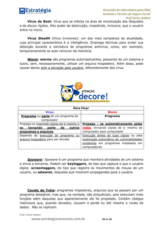 Resumão de Informática para INSS
Analista e Técnico de Seguro Social
Prof Victor Dalton
Prof. Victor Dalton
www.estrategiaconcursos.com.br 10 de 16
Vírus de Boot: Vírus que se infecta na área de inicialização dos disquetes
e de discos rígidos. Alto poder de destruição, impedindo, inclusive, que o usuário
entre no micro.
Vírus Stealth (Vírus Invisíveis): um dos mais complexos da atualidade,
cuja principal característica é a inteligência. Emprega técnicas para evitar sua
detecção durante a varredura de programas antivírus, como, por exemplo,
temporariamente se auto remover da memória.
Worm: worms são programas autorreplicantes, passando de um sistema a
outro, sem, necessariamente, utilizar um arquivo hospedeiro. Além disso, pode
causar danos sem a ativação pelo usuário, diferentemente dos vírus.
Para Fixar
Vírus Worm
Programa ou parte de um programa de
computador
Programa
Propaga-se inserindo cópias de si mesmo e
se tornando parte de outros
programas e arquivos
Propaga - se automaticamente pelas
redes, enviando copias de si mesmo de
computador para computador
Depende da execução do programa ou
arquivo hospedeiro para ser ativado
Execução direta de suas cópias ou pela
exploração automática de vulnerabilidades
existentes em programas instalados em
computadores
Spyware: Spyware é um programa que monitora atividades de um sistema
e envia a terceiros. Podem ser keyloggers, do tipo que captura o que o usuário
digita; screenloggers, do tipo que registra os movimentos de mouse de um
usuário, ou adwares, daqueles que mostram propagandas para o usuário.
Cavalo de Tróia: programas impostores, arquivos que se passam por um
programa desejável, mas que, na verdade, são prejudiciais, pois executam mais
funções além daquelas que aparentemente ele foi projetado. Contêm códigos
maliciosos que, quando ativados, causam a perda ou até mesmo o roubo de
dados. Não se replicam.
 