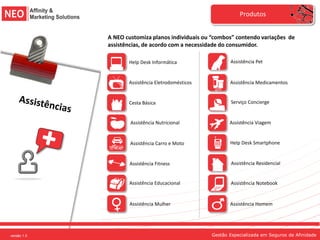 Produtos


             A NEO customiza planos individuais ou “combos” contendo variações de
             assistências, de acordo com a necessidade do consumidor.

                    Help Desk Informática                 Assistência Pet


                    Assistência Eletrodomésticos          Assistência Medicamentos


                    Cesta Básica                           Serviço Concierge


                     Assistência Nutricional              Assistência Viagem


                     Assistência Carro e Moto             Help Desk Smartphone


                    Assistência Fitness                    Assistência Residencial


                    Assistência Educacional                Assistência Notebook


                    Assistência Mulher                    Assistência Homem




versão 1.0                                         Gestão Especializada em Seguros de Afinidade
 