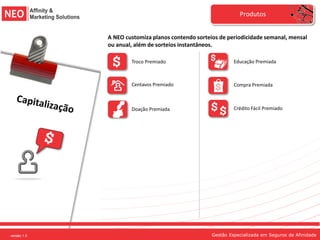 Produtos


             A NEO customiza planos contendo sorteios de periodicidade semanal, mensal
             ou anual, além de sorteios instantâneos.

                     Troco Premiado                         Educação Premiada



                     Centavos Premiado                      Compra Premiada



                     Doação Premiada                        Crédito Fácil Premiado




versão 1.0                                         Gestão Especializada em Seguros de Afinidade
 