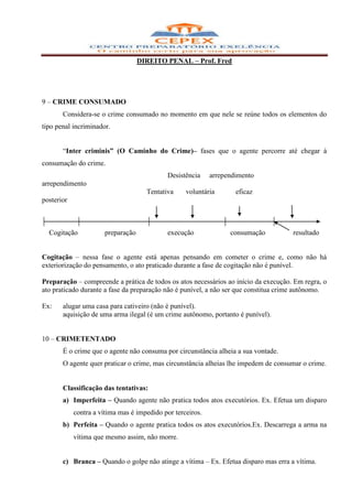 DIREITO PENAL – Prof. Fred




9 – CRIME CONSUMADO
       Considera-se o crime consumado no momento em que nele se reúne todos os elementos do
tipo penal incriminador.


       “Inter criminis” (O Caminho do Crime)– fases que o agente percorre até chegar à
consumação do crime.
                                            Desistência     arrependimento
arrependimento
                                     Tentativa     voluntária       eficaz
posterior



  Cogitação           preparação            execução              consumação         resultado


Cogitação – nessa fase o agente está apenas pensando em cometer o crime e, como não há
exteriorização do pensamento, o ato praticado durante a fase de cogitação não é punível.

Preparação – compreende a prática de todos os atos necessários ao início da execução. Em regra, o
ato praticado durante a fase da preparação não é punível, a não ser que constitua crime autônomo.

Ex:    alugar uma casa para cativeiro (não é punível).
       aquisição de uma arma ilegal (é um crime autônomo, portanto é punível).


10 – CRIMETENTADO
       É o crime que o agente não consuma por circunstância alheia a sua vontade.
       O agente quer praticar o crime, mas circunstância alheias lhe impedem de consumar o crime.


       Classificação das tentativas:
       a) Imperfeita – Quando agente não pratica todos atos executórios. Ex. Efetua um disparo
            contra a vítima mas é impedido por terceiros.
       b) Perfeita – Quando o agente pratica todos os atos executórios.Ex. Descarrega a arma na
            vítima que mesmo assim, não morre.


       c) Branca – Quando o golpe não atinge a vítima – Ex. Efetua disparo mas erra a vítima.
 