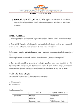 DIREITO PENAL – Prof. Fred



     h)   NÃO AUTO INCRIMINAÇÃO Art. 5º, LXIII - o preso será informado de seus direitos,
          entre os quais o de permanecer calado, sendo-lhe assegurada a assistência da família e de
          advogado;




2 INFRAÇÃO PENAL
A infração penal pode ser conceituada segundo três critérios distintos: formal, material e analítico.


a) Pelo critério formal, a infração penal é aquela definida pelo direito positivo, que corresponde
aofato ao qual a ordem jurídica associa a sanção penal como conseqüência.


b) Segundo o conceito material, infração penal é a conduta humana que gera lesão ou perigo a
um
interesse penalmente relevante. O conceito material enfatiza a proteção ao bem jurídico.


c) Pelo conceito analítico, decompõe-se a infração penal em suas partes constitutivas –fato
típico,antijurídico e culpável (para alguns autores, adeptos da teoria finalista da ação, o crime seria
apenasfato típico e antijurídico, pois a culpabilidade seria pressuposto de aplicação da pena).


2.1. Classificação das infrações
Adota-se a divisão bipartida. Há dois tipos de infração penal:


a) Crime ou delito;
b) Contravenção


Quadro comparativo:
                                             CRIME                    CONTRAVENÇÃO
      Tipo de pena                Reclusão                        Prisão Simples
                                  Detenção                        Multa
                                  Reclusão e Multa                Prisão Simples e Multa
 