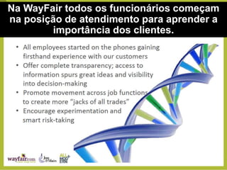 Na WayFair todos os funcionários começam
na posição de atendimento para aprender a
importância dos clientes.
 