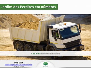 N I S S I M
NISSIM.N@TECNISAVENDAS.COM.BR
9.9699-5679
Jardim das Perdizes em números
+ de 3 mil caminhões de areia
 