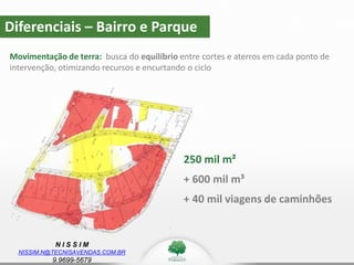 N I S S I M
NISSIM.N@TECNISAVENDAS.COM.BR
9.9699-5679
250 mil m²
+ 600 mil m³
+ 40 mil viagens de caminhões
Movimentação de terra: busca do equilíbrio entre cortes e aterros em cada ponto de
intervenção, otimizando recursos e encurtando o ciclo
Diferenciais – Bairro e Parque
 