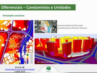 N I S S I M
NISSIM.N@TECNISAVENDAS.COM.BR
9.9699-5679
Diferenciais – Condomínios e Unidades
Caracterização Acústica para
atendimento às Normas Técnicas
Simulações acústicas
 