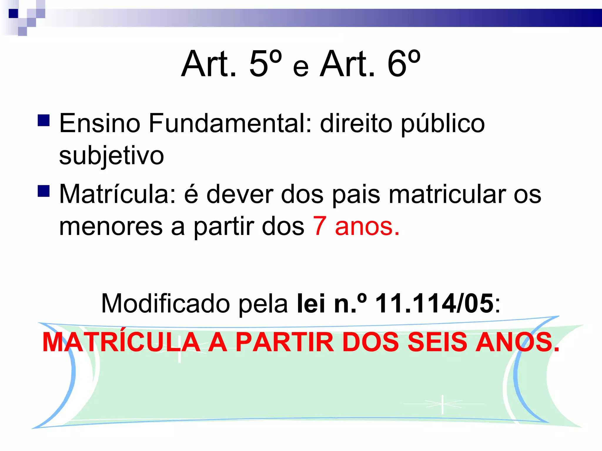 Art. 5º e Art. 6º
 Ensino Fundamental: direito público
subjetivo
 Matrícula: é dever dos pais matricular os
menores a partir dos 7 anos.
Modificado pela lei n.º 11.114/05:
MATRÍCULA A PARTIR DOS SEIS ANOS.
 