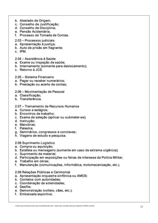 b.     Atestado de Origem;
c.     Conselho de Justificação;
d.     Conselho de Disciplina;
e.     Pensão Acidentária;
f.     Processo de Tomada de Contas.
2.03 – Processos judiciais
a. Apresentação à justiça;
b. Auto de prisão em flagrante;
c. IPM.

2.04 – Assistência à Saúde
a. Exame ou inspeção de saúde;
b. Internamento (somente para deslocamento);
c. Retorno à JCS.

2.05 – Sistema Financeiro
a. Pagar ou receber numerários;
b. Prestação ou acerto de contas;

2.06 – Movimentação de Pessoal
a. Classificação;
b. Transferência.

2.07 – Treinamento de Recursos Humanos
a. Cursos e estágios;
b. Encontros de trabalho;
c. Exame de seleção (aplicar ou submeter-se);
d. Instrução;
e. Manobras;
f. Palestra;
g. Seminários, congressos e conclaves;
h. Viagens de estudo e pesquisa.

2.08 Suprimento Logístico
a. Compra ou aquisição;
b. Estafeta ou mensageiro (somente em caso de extrema urgência);
c. Suprimento de material;
d. Participação em exposições ou feiras de interesse da Polícia Militar;
e. Trabalho em obras;
f. Manutenção (comunicações, informática, motomecanização, etc.).

2.09 Relações Públicas e Cerimonial
a. Apresentação orquestra sinfônica ou AMOS;
b. Contatos com autoridades;
c. Coordenação de solenidades;
d. Desfile;
e. Demonstração (volteio, cães, etc.);
f. Embaixada esportiva;


C:Meus documentosDocumentos para IntranetResolução 3559 - Dispõe sobre concessão diárias aos integrants da PMMG.doc/farias
                                                                                                                                12
 
