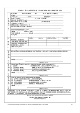 ANEXO I À RESOLUÇÃO Nº 3559, DE 28 DE NOVEMBRO DE 2000.

          Nº DE PM............ POSTO/GRAD...........Nº ..................HAB. PROF. (CURSO)...................
          NOME.........................................................................................................................................
          UNIDADE ............................SEDE................................... DESTINO ...................................
    B     TIPO TRANSP. ......................................TRANSP. OFICIAL .................................................
    L     TRANSP. PARTICULAR .......................................................................................................
    O     PREVISÃO DE DIÁRIAS ..................................... ADIANTADAS .......................................
    C     QUANTITATIVO R$ .............................................................................................................
    O     CÓDIGO DA DILIGÊNCIA Nº ..............................................................................................
          MOTIVO DO DESLOCAMENTO .........................................................................................
    0     ...............................................................................................................................................
    1     IDENTIDADE MILITAR Nº ...................................................................................................
          DATA......./......../........ ASSINATURA...................................................................................
          POSTO/GRAD ...................... NOME ...................................................................................
          FUNÇÃO ...............................................................................................................................

B                                                                 HORA                          DATA                       ASSINATURA                  FUNÇÃO
L         PARTIDA DA SEDE
O         CHEGADA AO DESTINO
C         PARTIDA DO DESTINO
O         CHEGADA À SEDE
          OBSERVAÇÕES: ..................................................................................................................
0         ................................................................................................................................................
2
    B
    RELATÓRIO (CITAR ALTERAÇ. NA VIAGEM E RELAÇ. COMPROVANTES ANEXAD.)
    L
    ...............................................................................................................................................
    O
    ...............................................................................................................................................
    C
    ...............................................................................................................................................
    O
    ...............................................................................................................................................
    DATA ......./......./......
 0                                          ............................................................................................................
 3                                                                                 ASSINATURA
 B INFORMAÇÕES DO AGENTE DA ATIVIDADE (2.206, 2.208 ou 4.877).
 L ( ) COM                                          ( ) SEM DIREITO A DIÁRIAS OU PARCELAS.
 O 1 VENCEU (RAM)...................... PARCELA(S) DE ALIMENTAÇÃO.
 C 2 VENCEU (RAM)...................... PARCELA(S) DE POUSADA.
 O 3 VENCEU (RAM)...................... DIÁRIA(S) INTEGRAIS.
    DATA: ......../......../........
 0                                               .....................................................................................................
 4                                                                                 ASSINATURA
 B DESPACHO NO ORDENADOR DE DESPESA.
 L 1. ( ) NÃO EXISTE DIREITO À INDENIZAÇÃO.
 O 2. ( ) CONCEDO................... PARCELAS DE ALIMENTAÇÃO.
 C 3. ( ) CONCEDO................... PARCELAS DE POUSADA.
 O 4. ( ) CONCEDO................... DIÁRIAS INTEGRAIS.
    DATA: ......../......../........
 0                                                ......................................................................................................
 5                                                                                 ASSINATURA
NÃO FARÁ J US A DIÁRIA, DEVENDO REPOR A QUANTIA PORVENTURA ADIANTADA, O
SERVIDOR QUE EXTRAVIAR SEU RELATÓRIO OU QUE O PREENCHER SEM OBSERVÂNCIA
DA RESOLUÇÃO Nº 3507 , DE 17 DE SETEMBRO DE 1999.
                                                           QCG, em Belo Horizonte, 28 de novembro de 2.000.

                                                                    MAURO LÚCIO GONTIJO, CORONEL PM
                                                                          COMANDANTE-GERAL



C:Meus documentosDocumentos para IntranetResolução 3559 - Dispõe sobre concessão diárias aos integrants da PMMG.doc/farias
                                                                                                                                                                10
 