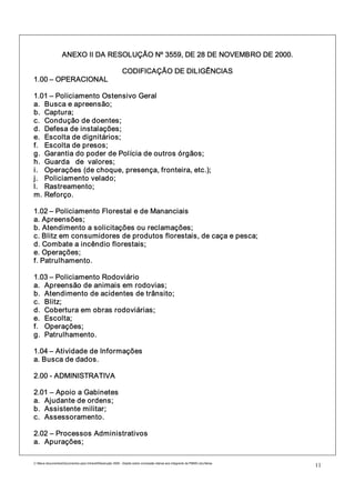 ANEXO II DA RESOLUÇÃO Nº 3559, DE 28 DE NOVEMBRO DE 2000.

                                                             CODIFICAÇÃO DE DILIGÊNCIAS
1.00 – OPERACIONAL

1.01 – Policiamento Ostensivo Geral
a. Busca e apreensão;
b. Captura;
c. Condução de doentes;
d. Defesa de instalações;
e. Escolta de dignitários;
f. Escolta de presos;
g. Garantia do poder de Polícia de outros órgãos;
h. Guarda de valores;
i. Operações (de choque, presença, fronteira, etc.);
j. Policiamento velado;
l. Rastreamento;
m. Reforço.

1.02 – Policiamento Florestal e de Mananciais
a. Apreensões;
b. Atendimento a solicitações ou reclamações;
c. Blitz em consumidores de produtos florestais, de caça e pesca;
d. Combate a incêndio florestais;
e. Operações;
f. Patrulhamento.

1.03 – Policiamento Rodoviário
a. Apreensão de animais em rodovias;
b. Atendimento de acidentes de trânsito;
c. Blitz;
d. Cobertura em obras rodoviárias;
e. Escolta;
f. Operações;
g. Patrulhamento.

1.04 – Atividade de Informações
a. Busca de dados.

2.00 - ADMINISTRATIVA

2.01 – Apoio a Gabinetes
a. Ajudante de ordens;
b. Assistente militar;
c. Assessoramento.

2.02 – Processos Administrativos
a. Apurações;

C:Meus documentosDocumentos para IntranetResolução 3559 - Dispõe sobre concessão diárias aos integrants da PMMG.doc/farias
                                                                                                                                11
 