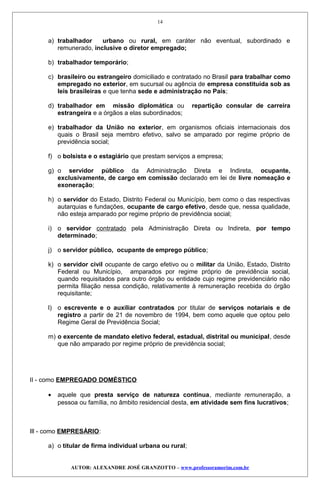 a) trabalhador urbano ou rural, em caráter não eventual, subordinado e
remunerado, inclusive o diretor empregado;
b) trabalhador temporário;
c) brasileiro ou estrangeiro domiciliado e contratado no Brasil para trabalhar como
empregado no exterior, em sucursal ou agência de empresa constituída sob as
leis brasileiras e que tenha sede e administração no País;
d) trabalhador em missão diplomática ou repartição consular de carreira
estrangeira e a órgãos a elas subordinados;
e) trabalhador da União no exterior, em organismos oficiais internacionais dos
quais o Brasil seja membro efetivo, salvo se amparado por regime próprio de
previdência social;
f) o bolsista e o estagiário que prestam serviços a empresa;
g) o servidor público da Administração Direta e Indireta, ocupante,
exclusivamente, de cargo em comissão declarado em lei de livre nomeação e
exoneração;
h) o servidor do Estado, Distrito Federal ou Município, bem como o das respectivas
autarquias e fundações, ocupante de cargo efetivo, desde que, nessa qualidade,
não esteja amparado por regime próprio de previdência social;
i) o servidor contratado pela Administração Direta ou Indireta, por tempo
determinado;
j) o servidor público, ocupante de emprego público;
k) o servidor civil ocupante de cargo efetivo ou o militar da União, Estado, Distrito
Federal ou Município, amparados por regime próprio de previdência social,
quando requisitados para outro órgão ou entidade cujo regime previdenciário não
permita filiação nessa condição, relativamente à remuneração recebida do órgão
requisitante;
l) o escrevente e o auxiliar contratados por titular de serviços notariais e de
registro a partir de 21 de novembro de 1994, bem como aquele que optou pelo
Regime Geral de Previdência Social;
m) o exercente de mandato eletivo federal, estadual, distrital ou municipal, desde
que não amparado por regime próprio de previdência social;
II - como EMPREGADO DOMÉSTICO
• aquele que presta serviço de natureza contínua, mediante remuneração, a
pessoa ou família, no âmbito residencial desta, em atividade sem fins lucrativos;
Ill - como EMPRESÁRIO:
a) o titular de firma individual urbana ou rural;
AUTOR: ALEXANDRE JOSÉ GRANZOTTO – www.professoramorim.com.br
14
 