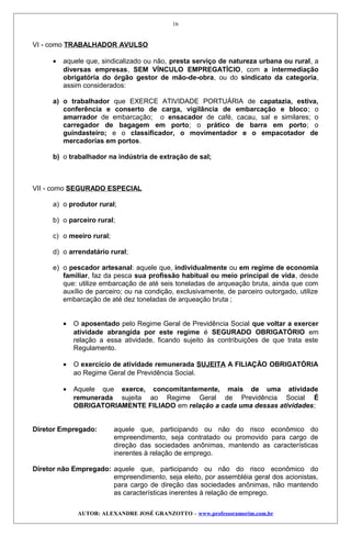 VI - como TRABALHADOR AVULSO
• aquele que, sindicalizado ou não, presta serviço de natureza urbana ou rural, a
diversas empresas, SEM VÍNCULO EMPREGATÍCIO, com a intermediação
obrigatória do órgão gestor de mão-de-obra, ou do sindicato da categoria,
assim considerados:
a) o trabalhador que EXERCE ATIVIDADE PORTUÁRIA de capatazia, estiva,
conferência e conserto de carga, vigilância de embarcação e bloco; o
amarrador de embarcação; o ensacador de café, cacau, sal e similares; o
carregador de bagagem em porto; o prático de barra em porto; o
guindasteiro; e o classificador, o movimentador e o empacotador de
mercadorias em portos.
b) o trabalhador na indústria de extração de sal;
VII - como SEGURADO ESPECIAL
a) o produtor rural;
b) o parceiro rural;
c) o meeiro rural;
d) o arrendatário rural;
e) o pescador artesanal: aquele que, individualmente ou em regime de economia
familiar, faz da pesca sua profissão habitual ou meio principal de vida, desde
que: utilize embarcação de até seis toneladas de arqueação bruta, ainda que com
auxílio de parceiro; ou na condição, exclusivamente, de parceiro outorgado, utilize
embarcação de até dez toneladas de arqueação bruta ;
• O aposentado pelo Regime Geral de Previdência Social que voltar a exercer
atividade abrangida por este regime é SEGURADO OBRIGATÓRIO em
relação a essa atividade, ficando sujeito às contribuições de que trata este
Regulamento.
• O exercício de atividade remunerada SUJEITA A FILIAÇÃO OBRIGATÓRIA
ao Regime Geral de Previdência Social.
• Aquele que exerce, concomitantemente, mais de uma atividade
remunerada sujeita ao Regime Geral de Previdência Social É
OBRIGATORIAMENTE FILIADO em relação a cada uma dessas atividades;
Diretor Empregado: aquele que, participando ou não do risco econômico do
empreendimento, seja contratado ou promovido para cargo de
direção das sociedades anônimas, mantendo as características
inerentes à relação de emprego.
Diretor não Empregado: aquele que, participando ou não do risco econômico do
empreendimento, seja eleito, por assembléia geral dos acionistas,
para cargo de direção das sociedades anônimas, não mantendo
as características inerentes à relação de emprego.
AUTOR: ALEXANDRE JOSÉ GRANZOTTO – www.professoramorim.com.br
16
 