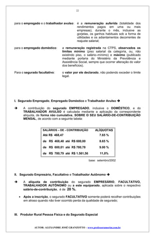 para o empregado e o trabalhador avulso: é a remuneração auferida (totalidade dos
rendimentos pagos em uma ou mais
empresas), durante o mês, inclusive as
gorjetas, os ganhos habituais sob a forma de
utilidades e os adiantamentos decorrentes de
reajuste salarial;
para o empregado doméstico: a remuneração registrada na CTPS, observados os
limites mínimo (piso salarial da categoria, ou, não
existindo piso, o salário–mínimo) e máximo (publicado
mediante portaria do Ministério da Previdência e
Assistência Social, sempre que ocorrer alteração do valor
dos benefícios).
Para o segurado facultativo: o valor por ele declarado, não podendo exceder o limite
legal.
I. Segurado Empregado, Empregado Doméstico e Trabalhador Avulso 
 A contribuição do segurado EMPREGADO, inclusive o DOMÉSTICO, e do
TRABALHADOR AVULSO é calculada mediante a aplicação da correspondente
alíquota, de forma não cumulativa, SOBRE O SEU SALÁRIO-DE-CONTRIBUIÇÃO
MENSAL, de acordo com a seguinte tabela:
SALÁRIOS – DE - CONTRIBUIÇÃO ALÍQUOTAS
Até R$ 468,47 7.65 %
de R$ 468,48 até R$ 600,00 8.65 %
de R$ 600,01 até R$ 780,78 9.00 %
de R$ 780,79 até R$ 1.561,56 11,0%
base: setembro/2002
II. Segurado Empresário, Facultativo e Trabalhador Autônomo 
 A alíquota de contribuição do segurado EMPRESÁRIO, FACULTATIVO,
TRABALHADOR AUTÔNOMO ou a este equiparado, aplicada sobre o respectivo
salário-de-contribuição, é de 20 %.
• Após a inscrição, o segurado FACULTATIVO somente poderá recolher contribuições
em atraso quando não tiver ocorrido perda da qualidade de segurado;
III. Produtor Rural Pessoa Física e do Segurado Especial
AUTOR: ALEXANDRE JOSÉ GRANZOTTO – www.professoramorim.com.br
22
 