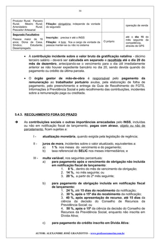 Produtor Rural; Parceiro
Rural; Meeiro Rural;
Arrendatário Rural;
Pescador Artesanal
Filiação: obrigatória; independe da vontade
do segurado
operação de venda
Segurado Facultativo
Pessoa maior de 16
anos; Dona de Casa,
Síndico; Estudante;
Desempregado.
Inscrição: precisa ir até o INSS
Filiação: é livre; fica a cargo da vontade da
pessoa manter-se ou não no sistema
O próprio
até o dia 15 do
mês seguinte da
competência,
através de GPS
• A contribuição incidente sobre o valor bruto da gratificação natalina - décimo
terceiro salário - deverá ser calculada em separado e recolhida até o dia 20 do
mês de dezembro, antecipando-se o vencimento para o dia útil imediatamente
anterior se não houver expediente bancário no dia 20, sendo devida quando do
pagamento ou crédito da última parcela.
• O órgão gestor de mão-de-obra é responsável pelo pagamento da
remuneração ao trabalhador portuário avulsa, pela elaboração de folha de
pagamento, pelo preenchimento e entrega da Guia de Recolhimento do FGTS,
Informações à Previdência Social e pelo recolhimento das contribuições, incidentes
sobre a remuneração paga ou creditada.
5.4.3. RECOLHIMENTO FORA DO PRAZO
 As contribuições sociais e outras importâncias arrecadadas pelo INSS, incluídas
ou não em notificação fiscal de lançamento, pagas com atraso, objeto ou não de
parcelamento, ficam sujeitas a:
I - atualização monetária, quando exigida pela legislação de regência;
II - juros de mora, incidentes sobre o valor atualizado, equivalentes a:
a) 1 % nos meses do vencimento e do pagamento;
b) taxa referencial do SELIC nos meses intermediários; e
III - multa variável, nos seguintes percentuais:
a) para pagamento após o vencimento de obrigação não incluída
em notificação fiscal de lançamento:
1. 8 % , dentro do mês de vencimento da obrigação;
2. 14 %, no mês seguinte; ou
3. 20 %, a partir do 2º mês seguinte;
b) para pagamento de obrigação incluída em notificação fiscal
de lançamento:
1. 24 %, até 15 dias do recebimento da notificação;
2. 30 %, após o 15º dia do recebimento da notificação;
3. 40 %, após apresentação de recurso, até 15 dias da
ciência da decisão do Conselho de Recursos da
Previdência Social; ou
4. 50 %, após o 15º da ciência da decisão do Conselho de
Recursos da Previdência Social, enquanto não inscrita em
Dívida Ativa;
c) para pagamento do crédito inscrito em Dívida Ativa:
AUTOR: ALEXANDRE JOSÉ GRANZOTTO – www.professoramorim.com.br
30
 