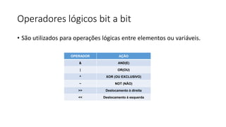Operadores lógicos bit a bit
• São utilizados para operações lógicas entre elementos ou variáveis.
OPERADOR AÇÃO
& AND(E)
| OR(OU)
^ XOR (OU EXCLUSIVO)
~ NOT (NÃO)
>> Deslocamento à direita
<< Deslocamento à esquerda
 
