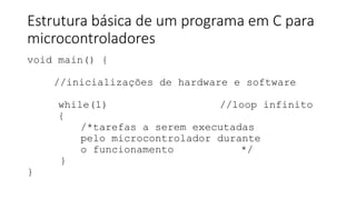 Estrutura básica de um programa em C para
microcontroladores
void main() {
//inicializações de hardware e software
while(1) //loop infinito
{
/*tarefas a serem executadas
pelo microcontrolador durante
o funcionamento */
}
}
 