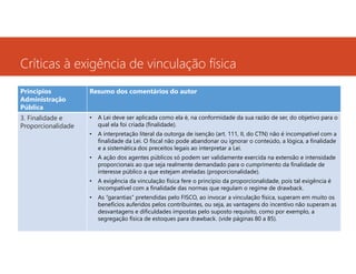 Críticas à exigência de vinculação física
Princípios
Administração
Pública

Resumo dos comentários do autor

3. Finalidade e
Proporcionalidade

•

A Lei deve ser aplicada como ela é, na conformidade da sua razão de ser, do objetivo para o
qual ela foi criada (finalidade).

•

A interpretação literal da outorga de isenção (art. 111, II, do CTN) não é incompatível com a
finalidade da Lei. O fiscal não pode abandonar ou ignorar o conteúdo, a lógica, a finalidade
e a sistemática dos preceitos legais ao interpretar a Lei.

•

A ação dos agentes públicos só podem ser validamente exercida na extensão e intensidade
proporcionais ao que seja realmente demandado para o cumprimento da finalidade de
interesse público a que estejam atreladas (proporcionalidade).

•

A exigência da vinculação física fere o princípio da proporcionalidade, pois tal exigência é
incompatível com a finalidade das normas que regulam o regime de drawback.

•

As “garantias” pretendidas pelo FISCO, ao invocar a vinculação física, superam em muito os
benefícios auferidos pelos contribuintes, ou seja, as vantagens do incentivo não superam as
desvantagens e dificuldades impostas pelo suposto requisito, como por exemplo, a
segregação física de estoques para drawback. (vide páginas 80 a 85).

 