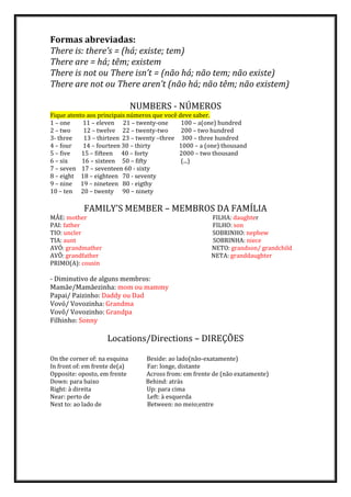 Formas abreviadas:
There is: there’s = (há; existe; tem)
There are = há; têm; existem
There is not ou There isn’t = (não há; não tem; não existe)
There are not ou There aren’t (não há; não têm; não existem)
NUMBERS - NÚMEROS
Fique atento aos principais números que você deve saber.
1 – one 11 – eleven 21 – twenty-one 100 – a(one) hundred
2 – two 12 – twelve 22 – twenty-two 200 – two hundred
3- three 13 – thirteen 23 – twenty –three 300 – three hundred
4 – four 14 – fourteen 30 – thirty 1000 – a (one) thousand
5 – five 15 – fifteen 40 – forty 2000 – two thousand
6 – six 16 – sixteen 50 – fifty (...)
7 – seven 17 – seventeen 60 - sixty
8 – eight 18 – eighteen 70 - seventy
9 – nine 19 – nineteen 80 - eigthy
10 – ten 20 – twenty 90 – ninety
FAMILY’S MEMBER – MEMBROS DA FAMÍLIA
MÃE: mother FILHA: daughter
PAI: father FILHO: son
TIO: uncler SOBRINHO: nephew
TIA: aunt SOBRINHA: niece
AVÓ: grandmather NETO: grandson/ grandchild
AVÔ: grandfather NETA: granddaughter
PRIMO(A): cousin
- Diminutivo de alguns membros:
Mamãe/Mamãezinha: mom ou mammy
Papai/ Paizinho: Daddy ou Dad
Vovó/ Vovozinha: Grandma
Vovô/ Vovozinho: Grandpa
Filhinho: Sonny
Locations/Directions – DIREÇÕES
On the corner of: na esquina Beside: ao lado(não-exatamente)
In front of: em frente de(a) Far: longe, distante
Opposite: oposto, em frente Across from: em frente de (não exatamente)
Down: para baixo Behind: atrás
Right: à direita Up: para cima
Near: perto de Left: à esquerda
Next to: ao lado de Between: no meio;entre
 