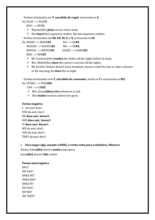 - Verbos terminados em Y, sucedido de vogal, acrescenta-se S.
Ex: PLAY ---> PLAYS
BUY ---> BUYS
 Neymar(He) plays soccer every week.
 She buys(She) expensive clothes. She has expensive clothes.
- Verbos terminados em SH, CH, SS, O, e X, acrescenta-se ES.
Ex: WASH ---> WASHES GO ---> GOES
WATCH ---> WATCHES DO ---> DOES
MATCH ---> MATCHES GUESS ---> GUESSES
BOX ---> BOXES
 Mr. Levinson(He) washes the dishes all the nights before to sleep.
 Mrs. Mabel(She) does the course's exercise all the nights.
 My brother Hebert doesn’t have breakfast, doesn’t comb his hair or take a shower
in the morning. He does this at night.
- Verbos terminados com Y, sucedido de consoante, exclui-se Y e acrescenta-se IES.
Ex: STUDY ---> STUDIES
CRY ---> CRIES
 Mrs. Green(She) cries whenever is sad.
 She studies hard to achieve her goals.
Forma negativa
I do not/ don't
YOU do not/ don't
HE does not/ doesn't
SHE does not/ doesn't
IT does not/ doesn't
WE do not/ don't
YOU do not/ don't
THEY do not/ don't
 Para negar algo, usando o DOES, o verbo volta para o infinitivo. Observe:
Doctor Fabio(He) doesn't watch soap opera.
Jason(He) doesn't like coofee.
Forma interrogativa
DO I?
DO YOU?
DOES HE?
DOES SHE?
DOES IT?
DO YOU?
DO WE?
DO THEY?
 