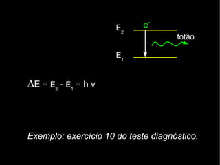 E2     e-
                                     fotão

                      E1


∆E = E2 - E1 = h v



Exemplo: exercício 10 do teste diagnóstico.
 