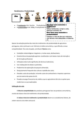 Mão de obra

Rendimento e Produtividade

2ha

+
1ton de
trigo

1ton de
trigo

Que fazer
O rendimento é de: 1ton/ha ProduçãoSups.explorada para aumentar o
rendimento?
A produtividade é de: 500Kg Produçãomão-de-obra
Utilizar fertilizantes; corrigir os solos;
selecionar sementes; etc.
Quer fazer para aumentar a
produtividade?
Substituir a mão de obra por máquinas;
usar técnicas mais adequadas e modernas;
etc.
Apesar da evolução positiva dos níveis de rendimento e de produtividade da agricultura
portuguesa, estes continuam a ser inferiores à média comunitária, o que dificulta a nossa
competitividade. Para esta situação, contribuem fatores como:
Condições meteorológicas irregulares e, muitas vezes, desfavoráveis;
Características da população agrícola: envelhecida e com baixos níveis de instrução e
de formação profissional;
Utilização ainda muito significativa de técnicas tradicionais;
Uso inadequado de adubos e pesticidas;
Predomínio de explorações de pequena dimensão;
Desajustamento frequente das culturas à aptidão dos solos;
Elevados custos de produção, incluindo custos de combustíveis e impostos superiores
aos da maioria dos países da UE;
Pesados encargos financeiros do crédito a que os agricultores têm de se sujeitar para
modernizar as suas explorações

Utilização do solo
A falta de competitividade dos produtos portugueses face aos produtos comunitários,
resulta dos baixos níveis de rendimento e de produtividade.
Os baixos níveis de rendimento e produtividade devem-se a variadíssimos fatores, de
ordem natural e de ordem estrutural.

 