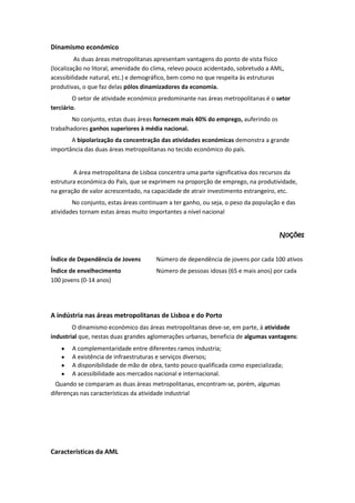 Dinamismo económico
As duas áreas metropolitanas apresentam vantagens do ponto de vista físico
(localização no litoral, amenidade do clima, relevo pouco acidentado, sobretudo a AML,
acessibilidade natural, etc.) e demográfico, bem como no que respeita às estruturas
produtivas, o que faz delas pólos dinamizadores da economia.
O setor de atividade económico predominante nas áreas metropolitanas é o setor
terciário.
No conjunto, estas duas áreas fornecem mais 40% do emprego, auferindo os
trabalhadores ganhos superiores à média nacional.
A bipolarização da concentração das atividades económicas demonstra a grande
importância das duas áreas metropolitanas no tecido económico do país.

A área metropolitana de Lisboa concentra uma parte significativa dos recursos da
estrutura económica do País, que se exprimem na proporção de emprego, na produtividade,
na geração de valor acrescentado, na capacidade de atrair investimento estrangeiro, etc.
No conjunto, estas áreas continuam a ter ganho, ou seja, o peso da população e das
atividades tornam estas áreas muito importantes a nível nacional
Noções

Índice de Dependência de Jovens

Número de dependência de jovens por cada 100 ativos

Índice de envelhecimento
100 jovens (0-14 anos)

Número de pessoas idosas (65 e mais anos) por cada

A indústria nas áreas metropolitanas de Lisboa e do Porto
O dinamismo económico das áreas metropolitanas deve-se, em parte, à atividade
industrial que, nestas duas grandes aglomerações urbanas, beneficia de algumas vantagens:
A complementaridade entre diferentes ramos industria;
A existência de infraestruturas e serviços diversos;
A disponibilidade de mão de obra, tanto pouco qualificada como especializada;
A acessibilidade aos mercados nacional e internacional.
Quando se comparam as duas áreas metropolitanas, encontram-se, porém, algumas
diferenças nas características da atividade industrial

Características da AML

 