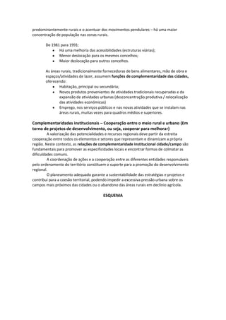 predominantemente rurais e o acentuar dos movimentos pendulares – há uma maior
concentração de população nas zonas rurais.
De 1981 para 1991:
Há uma melhoria das acessibilidades (estruturas viárias);
Menor deslocação para os mesmos concelhos;
Maior deslocação para outros concelhos.
As áreas rurais, tradicionalmente fornecedoras de bens alimentares, mão de obra e
espaços/atividades de lazer, assumem funções de complementaridade das cidades,
oferecendo:
Habitação, principal ou secundária;
Novos produtos provenientes de atividades tradicionais recuperadas e da
expansão de atividades urbanas (desconcentração produtiva / relocalização
das atividades económicas)
Emprego, nos serviços públicos e nas novas atividades que se instalam nas
áreas rurais, muitas vezes para quadros médios e superiores.

Complementaridades institucionais – Cooperação entre o meio rural e urbano (Em
torno de projetos de desenvolvimento, ou seja, cooperar para melhorar)
A valorização das potencialidades e recursos regionais deve partir da estreita
cooperação entre todos os elementos e setores que representam e dinamizam a própria
região. Neste contexto, as relações de complementaridade institucional cidade/campo são
fundamentais para promover as especificidades locais e encontrar formas de colmatar as
dificuldades comuns.
A coordenação de ações e a cooperação entre as diferentes entidades responsáveis
pelo ordenamento do território constituem o suporte para a promoção do desenvolvimento
regional.
O planeamento adequado garante a sustentabilidade das estratégias e projetos e
contribui para a coesão territorial, podendo impedir a excessiva pressão urbana sobre os
campos mais próximos das cidades ou o abandono das áreas rurais em declínio agrícola.

ESQUEMA

 