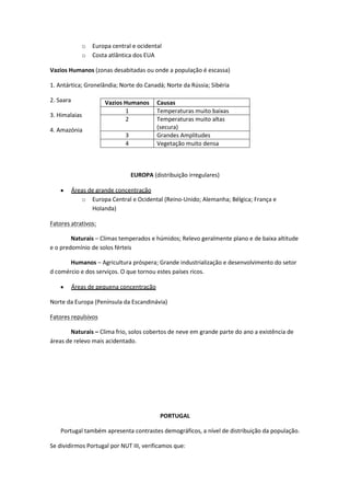 o
o

Europa central e ocidental
Costa atlântica dos EUA

Vazios Humanos (zonas desabitadas ou onde a população é escassa)
1. Antártica; Gronelândia; Norte do Canadá; Norte da Rússia; Sibéria
2. Saara
3. Himalaias
4. Amazónia

Vazios Humanos
1
2
3
4

Causas
Temperaturas muito baixas
Temperaturas muito altas
(secura)
Grandes Amplitudes
Vegetação muito densa

EUROPA (distribuição irregulares)
Áreas de grande concentração
o Europa Central e Ocidental (Reino-Unido; Alemanha; Bélgica; França e
Holanda)
Fatores atrativos:
Naturais – Climas temperados e húmidos; Relevo geralmente plano e de baixa altitude
e o predomínio de solos férteis
Humanos – Agricultura próspera; Grande industrialização e desenvolvimento do setor
d comércio e dos serviços. O que tornou estes países ricos.
Áreas de pequena concentração
Norte da Europa (Península da Escandinávia)
Fatores repulsivos
Naturais – Clima frio, solos cobertos de neve em grande parte do ano a existência de
áreas de relevo mais acidentado.

PORTUGAL
Portugal também apresenta contrastes demográficos, a nível de distribuição da população.
Se dividirmos Portugal por NUT III, verificamos que:

 