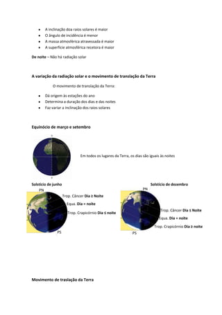 A inclinação doa raios solares é maior
O ângulo de incidência é menor
A massa atmosférica atravessada é maior
A superfície atmosférica recetora é maior
De noite – Não há radiação solar

A variação da radiação solar e o movimento de translação da Terra
O movimento de translação da Terra:
Dá origem às estações do ano
Determina a duração dos dias e das noites
Faz variar a inclinação dos raios solares

Equinócio de março e setembro

Em todos os lugares da Terra, os dias são iguais às noites

Solstício de junho
PN

Solstício de dezembro
PN
Trop. Câncer Dia ≥ Noite
Equa. Dia = noite
Trop. Câncer Dia ≤ Noite

Trop. Crapicórnio Dia ≤ noite

Equa. Dia = noite
Trop. Crapicórnio Dia ≥ noite
PS

Movimento de traslação da Terra

PS

 