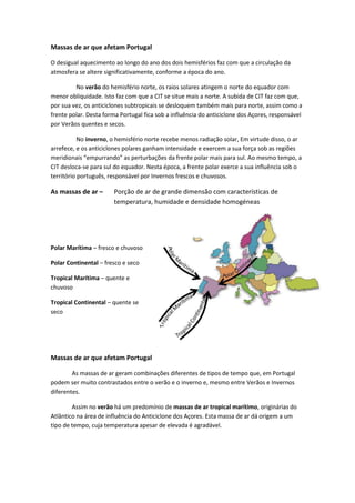 Massas de ar que afetam Portugal
O desigual aquecimento ao longo do ano dos dois hemisférios faz com que a circulação da
atmosfera se altere significativamente, conforme a época do ano.
No verão do hemisfério norte, os raios solares atingem o norte do equador com
menor obliquidade. Isto faz com que a CIT se situe mais a norte. A subida de CIT faz com que,
por sua vez, os anticiclones subtropicais se desloquem também mais para norte, assim como a
frente polar. Desta forma Portugal fica sob a influência do anticiclone dos Açores, responsável
por Verãos quentes e secos.
No inverno, o hemisfério norte recebe menos radiação solar, Em virtude disso, o ar
arrefece, e os anticiclones polares ganham intensidade e exercem a sua força sob as regiões
meridionais “empurrando” as perturbações da frente polar mais para sul. Ao mesmo tempo, a
CIT desloca-se para sul do equador. Nesta época, a frente polar exerce a sua influência sob o
território português, responsável por Invernos frescos e chuvosos.

As massas de ar –

Porção de ar de grande dimensão com características de
temperatura, humidade e densidade homogéneas

Polar Marítima – fresco e chuvoso
Polar Continental – fresco e seco
Tropical Marítima – quente e
chuvoso
Tropical Continental – quente se
seco

Massas de ar que afetam Portugal
As massas de ar geram combinações diferentes de tipos de tempo que, em Portugal
podem ser muito contrastados entre o verão e o inverno e, mesmo entre Verãos e Invernos
diferentes.
Assim no verão há um predomínio de massas de ar tropical marítimo, originárias do
Atlântico na área de influência do Anticiclone dos Açores. Esta massa de ar dá origem a um
tipo de tempo, cuja temperatura apesar de elevada é agradável.

 