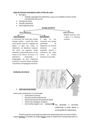 Ação do Homem (antrópica) sobre a linha da costa
Barragens
o Impede a passagem de sedimentos, o que, em condições normais seriam
transportados até ao mar
Extração de areias
Pressão urbanística
Destruição de dunas

Erosão marítima
Ação Mecânica
Ação Hidráulica
O movimento das ondas gera energia
(energia cinética – sendo esta tanto
maior quanto maior foi a agitação das
águas). A água das ondas ao
embaterem em obstáculos rochosos,
vão entrar nas pequenas fendas
existentes, comprimindo assim o ar que
estava no seu interior. Ao recuar, o ar
expande-se,
provocando
a
desagregação de mais fragmentos
aumentos o tamanho dessas cavidades
e facilitando a desagregação mecânicas

Ação Química
Metralhagem
A
água
do
mar
transporta uma grande
quantidade
de
fragmentos de diversos
tamanhos
que,
projetados durante o
movimento das ondas
contra
as
arribas,
provocam a sua erosão

Reações químicas entre
a água e os materiais
rochosos

Acidentes do Litoral

HAFF-DELTA DE AVEIRO
Fatores que condicionam a sua formação:
o Costa baixa e arenosa
o Corrente marítima (Norte-Sul)
o Ventos dominantes do quadrante Oeste
o Vários rios a desaguar na laguna
o Serra da Boa viagem a sul

Faz abrandar a corrente,
conferindo à parte Norte a
acumulação de sedimentos.

O Haff resulta da acumulação de sedimentos depositados pela corrente do Golfo –
origem marítima. É também de origem fluvial, sendo os sedimentos transportados pelo rio

 