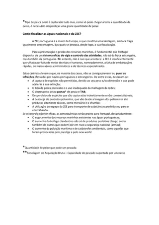 *Tipo de pesca onde é capturado tudo mas, como só pode chegar a terra x quantidade de
peixe, é necessário desperdiçar uma grane quantidade de peixe

Como fiscalizar as águas nacionais e da ZEE?
A ZEE portuguesa é a maior da Europa, o que constitui uma vantagem, embora traga
igualmente desvantagens, das quais se destaca, desde logo, a sua fiscalização.
Para a preservação e gestão dos recursos marinhos, é fundamental que Portugal
disponha de um sistema eficaz de vigia e controlo das atividades, não só da frota estrangeira,
mas também da portuguesa. No entanto, não é isso que acontece: a ZEE é insuficientemente
patrulhada por falta de meios técnicos e humanos, nomeadamente, a falta de embarcações
rápidas, de meios aéreos e informáticos e de técnicos especializados.
Estas carências levam a que, na maioria dos casos, não se consiga prevenir ou punir as
infrações efetuadas por navios portugueses e estrangeiros. De entre estas, destacam-se:
A captura de espécies não permitidas, devido ao seu peso e/ou dimensão e que pode
acelerar a sua extinção;
O tipo de pesca praticado e o uso inadequado da malhagem da redes;
O desrespeito pelas quotas* de pesca e TAB;
Desperdícios de espécies que são capturadas indevidamente e não comercializáveis;
A descarga de produtos poluentes, que vão desde a lavagem dos petroleiros até
produtos altamente tóxicos, como mercúrio e o chumbo;
A utilização do espaço da ZEE para transporte de substâncias proibidas ou para o
contrabando.
Se o controlo não for eficaz, as consequências serão graves para Portugal, designadamente:
O esgotamento dos recursos marinhos existentes nas águas portuguesas;
O aumento do tráfego clandestino não só de produtos proibidos (droga) como
também de outros que podem pôr em risco a segurança nacional (armas);
O aumento da poluição marítima e de catástrofes ambientais, como aquelas que
foram provocadas pelo prestige e pelo new world.

*Quantidade de peixe que pode ser pescada
**Tonelagem de Arqueação Bruta – Capacidade de pescado suportada por um navio

 